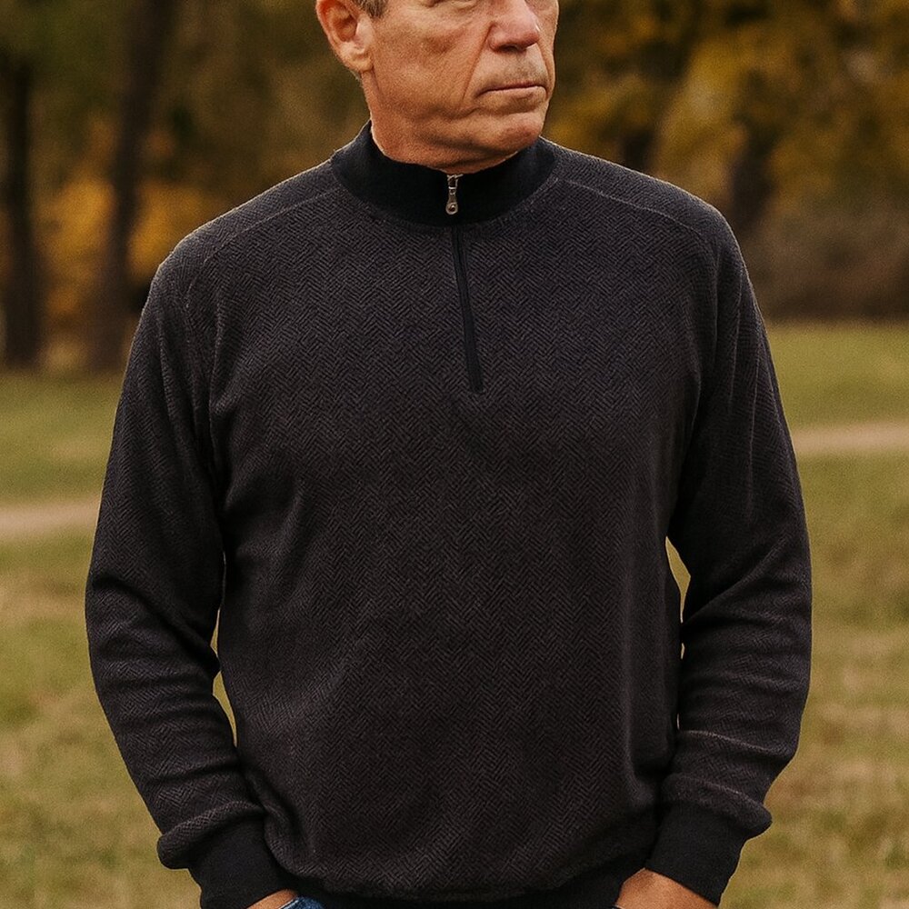 Alex Cannon Men M 1/4 Zip Pullover Mock Neck Gray Herringbone Long Sleeve Elbow